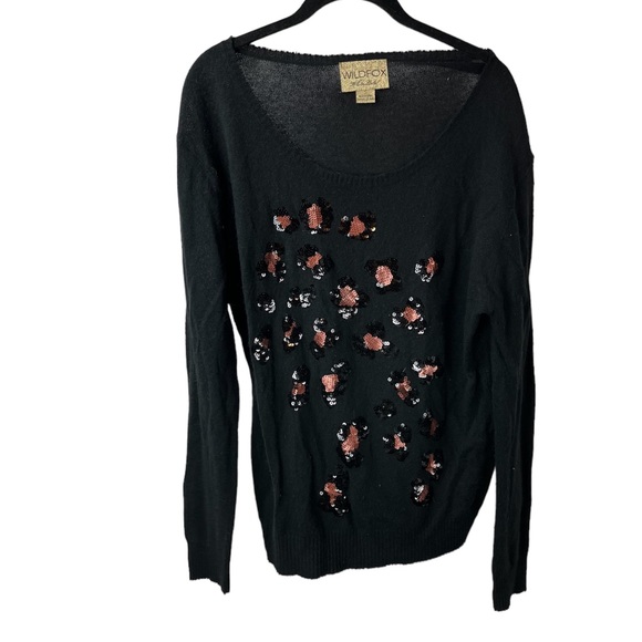 Wildfox Sweater Black Leopard Cheetah Print Small Sequins Scoop Neck Thin Knit - Picture 1 of 6